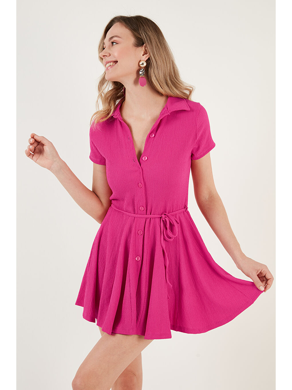 Fuşya Bağlama Detaylı Mini Gömlek Elbise 5869006-1