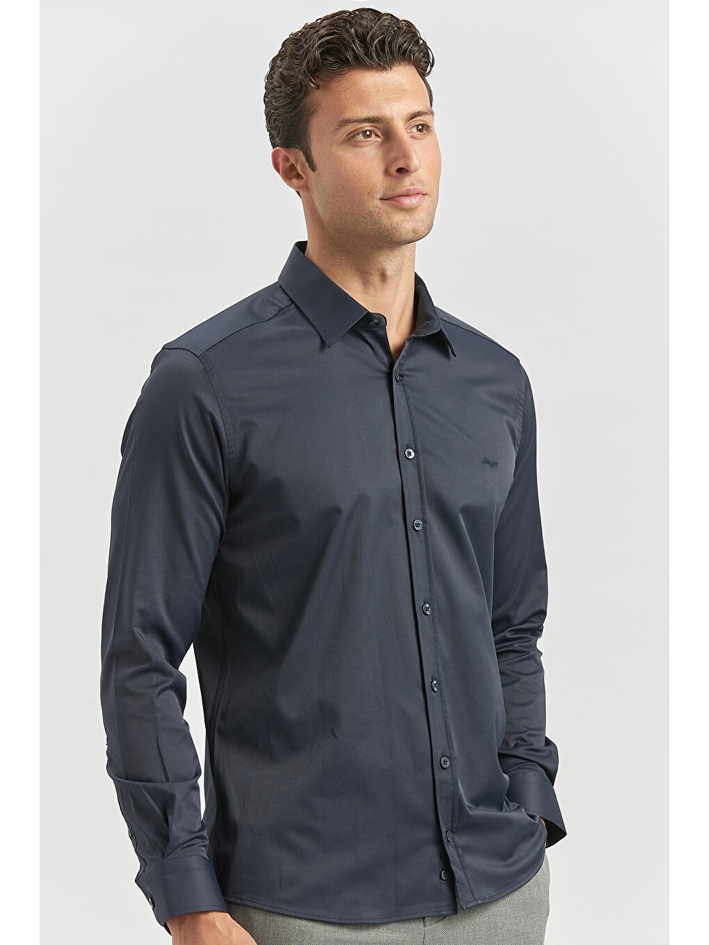 Lacivert Uzun Kol Düz Bez Ayağı 032 Sert Yaka Classic Slim Fit Gömlek 1004240334-1