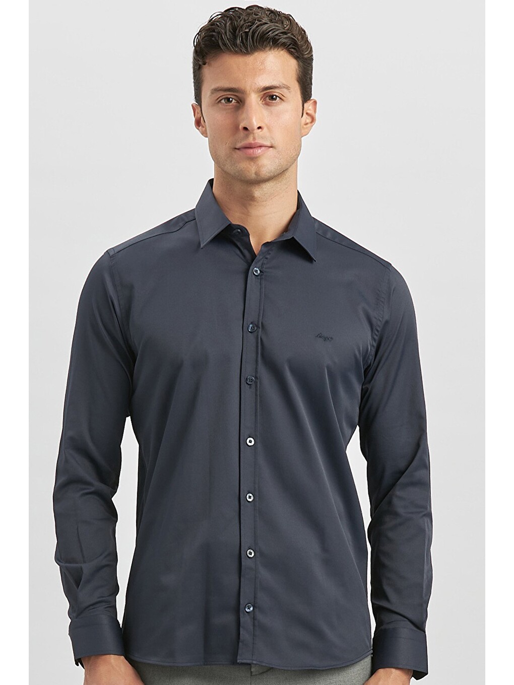 Lacivert Uzun Kol Düz Bez Ayağı 032 Sert Yaka Classic Slim Fit Gömlek 1004240334-3