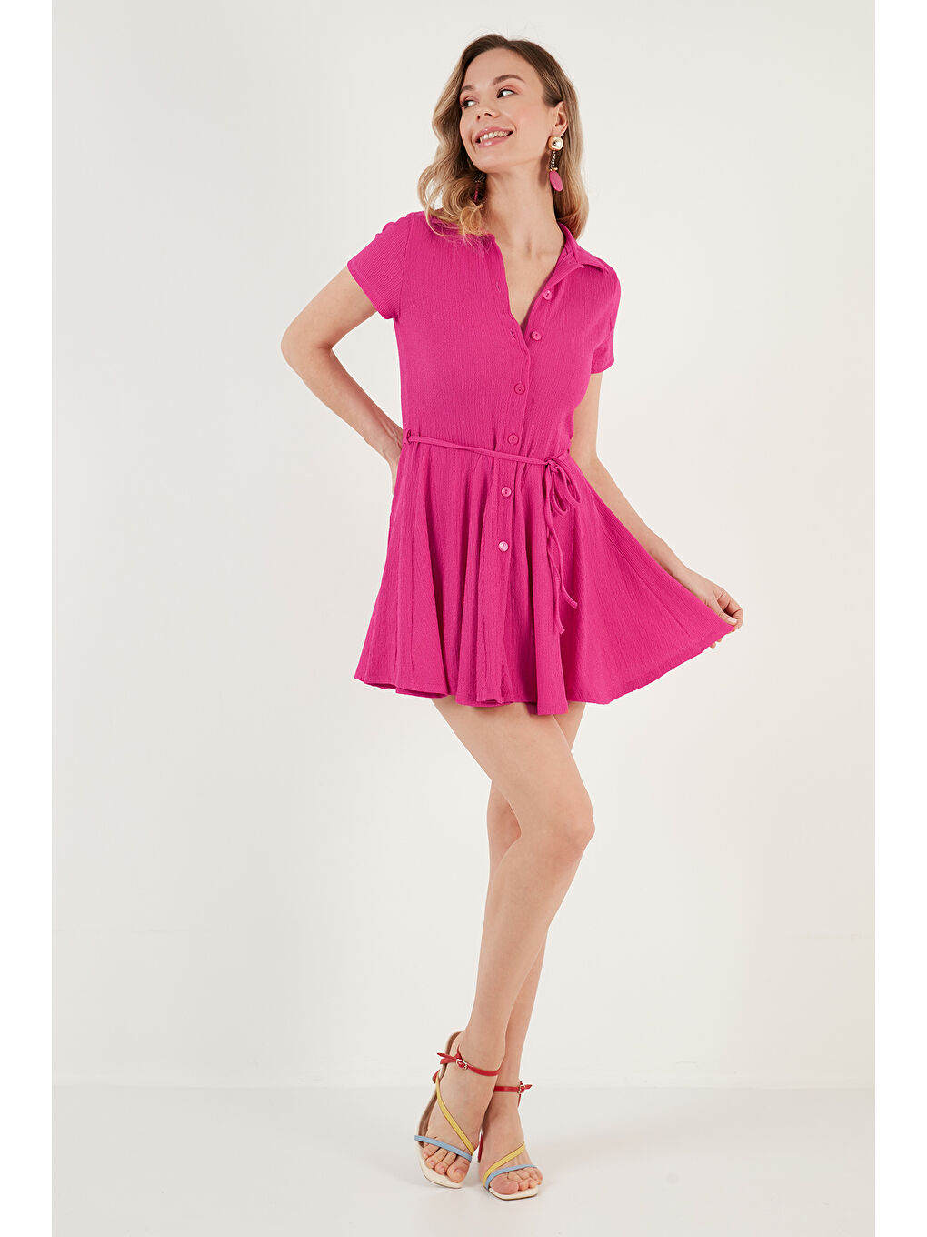 Fuşya Bağlama Detaylı Mini Gömlek Elbise 5869006-4