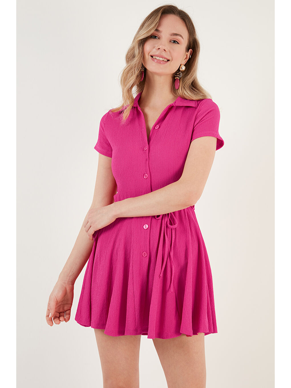 Fuşya Bağlama Detaylı Mini Gömlek Elbise 5869006-5