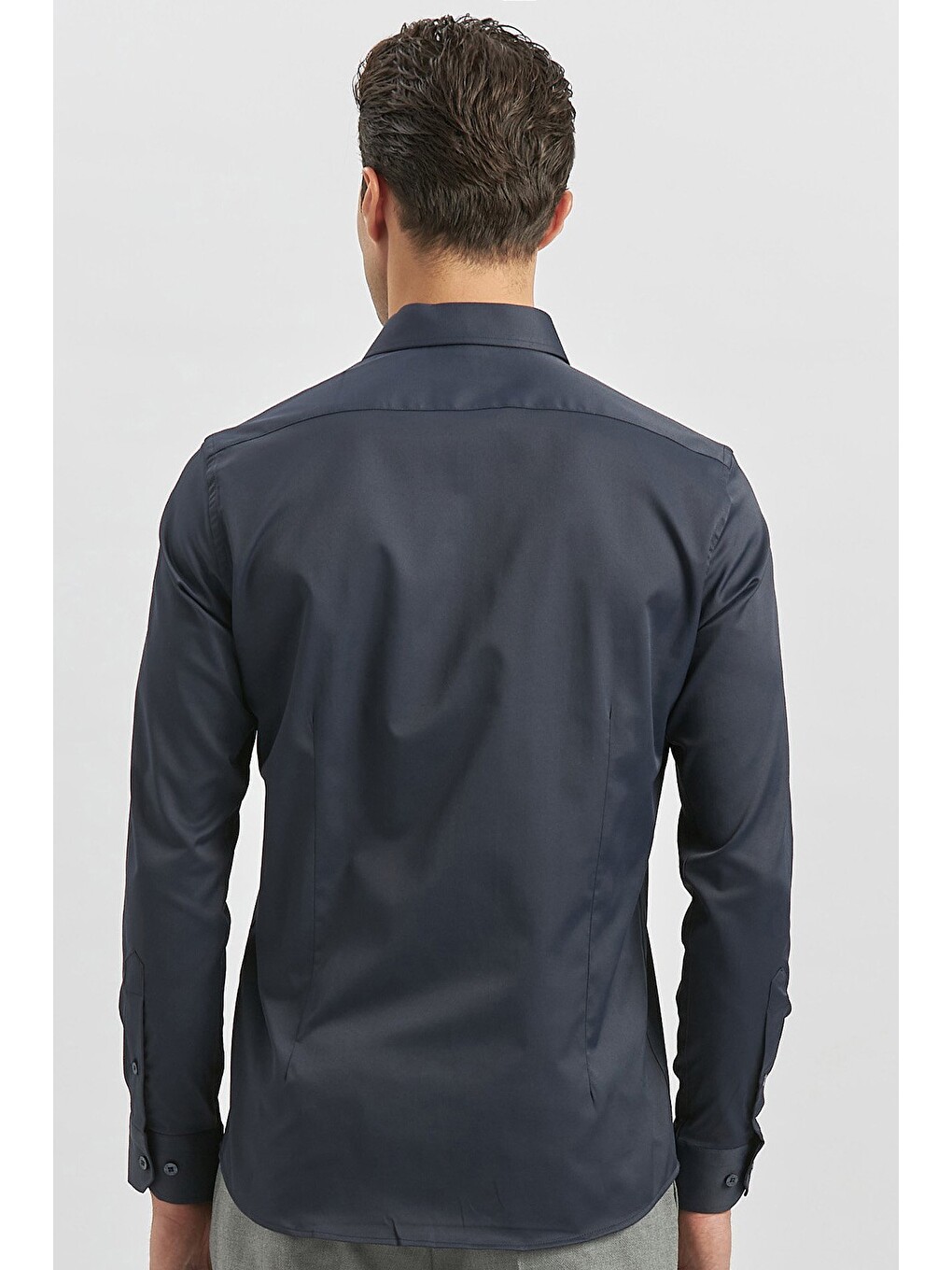 Lacivert Uzun Kol Düz Bez Ayağı 032 Sert Yaka Classic Slim Fit Gömlek 1004240334-5