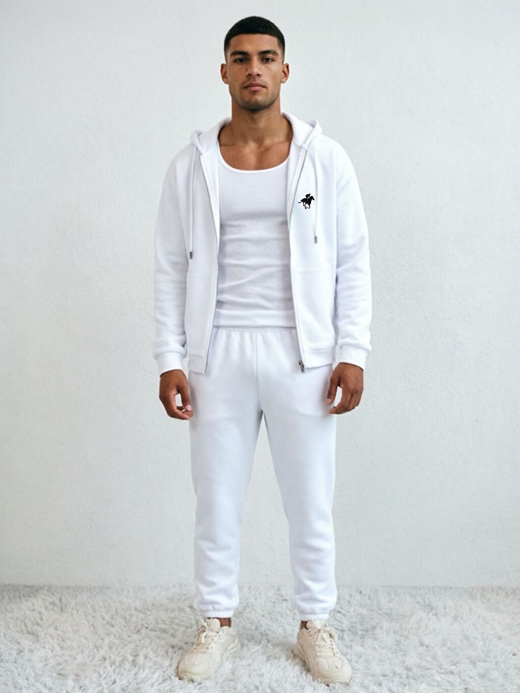 Beyaz Horse Baskılı Hırka+Jogger Oversize Eşofman Takımı