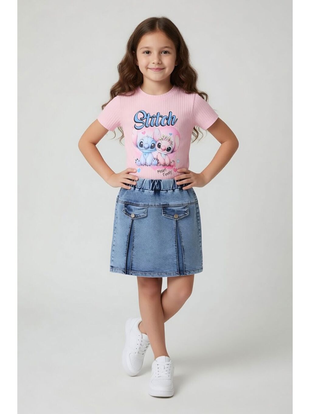 Pembe Pudra Kalpli Karakter Baskılı Badili Jean Etekli Kız Çocuk Takım 24100-1