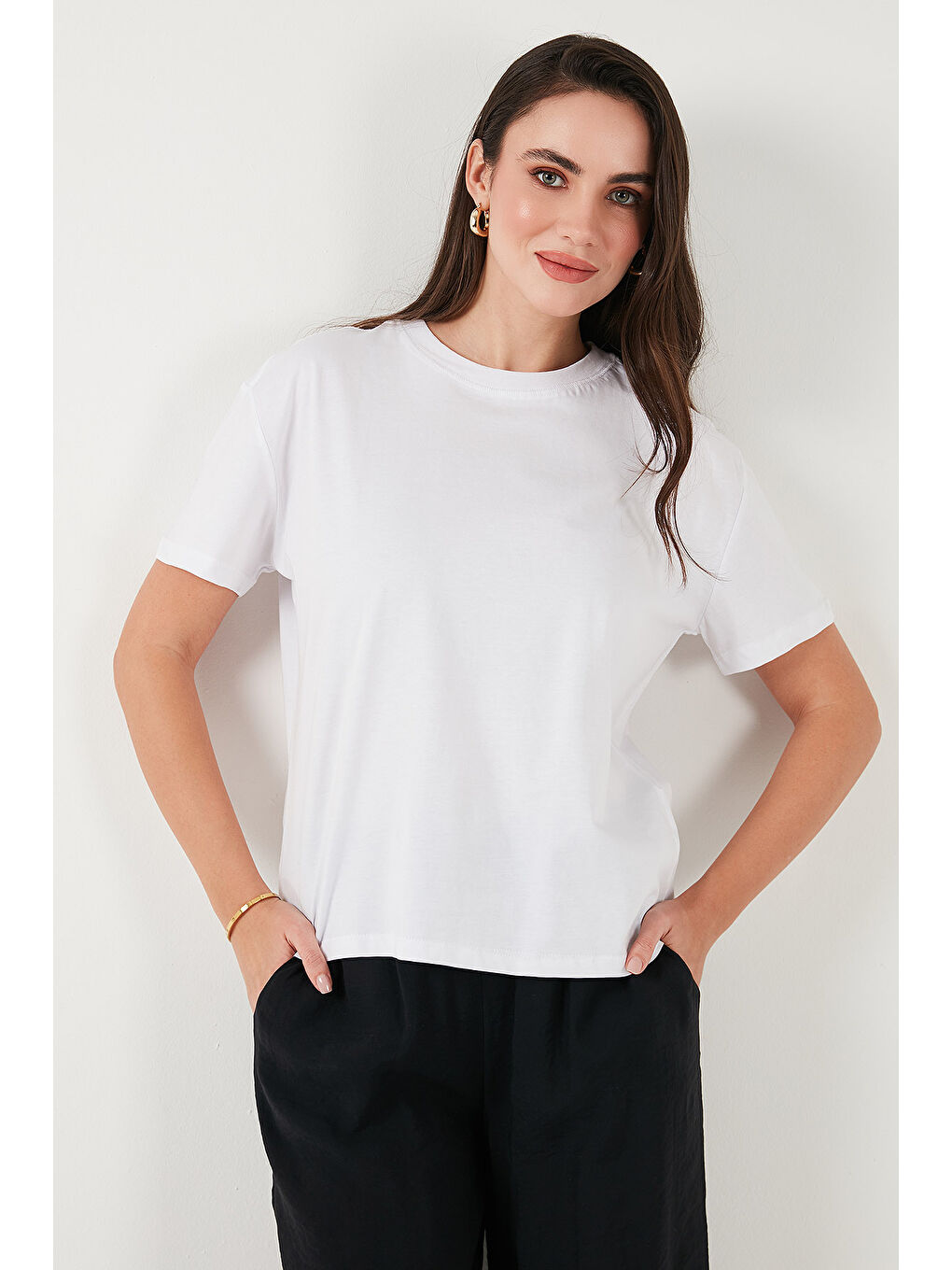 Ekru Pamuklu Oversize Fit Bisiklet Yaka Kadın T Shirt 5866097-3