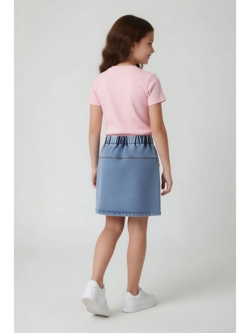 Pembe Pudra Kalpli Karakter Baskılı Badili Jean Etekli Kız Çocuk Takım 24100-4