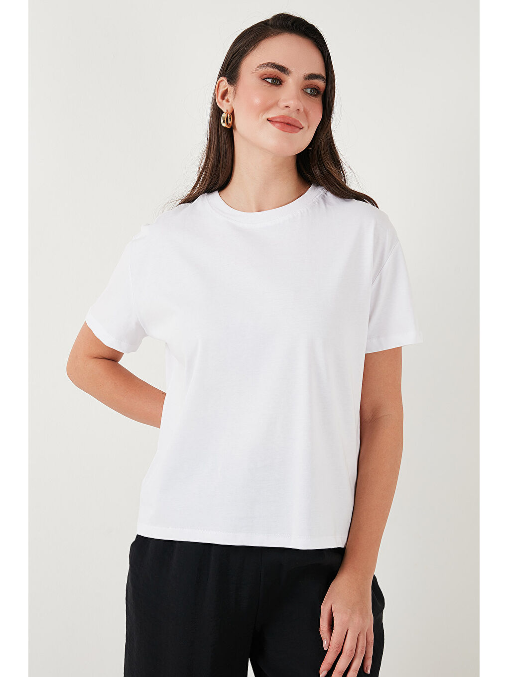 Ekru Pamuklu Oversize Fit Bisiklet Yaka Kadın T Shirt 5866097-4