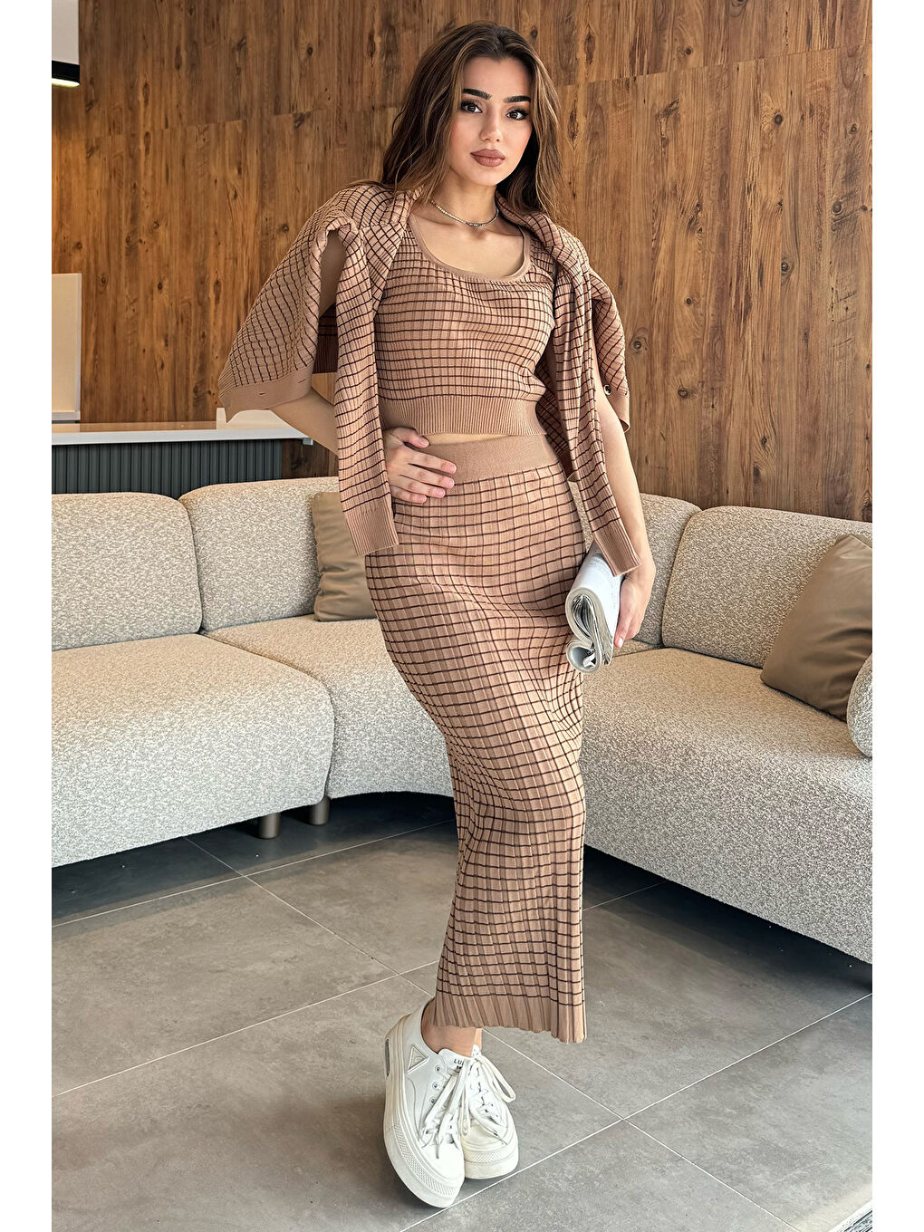 Ekru Kadın Çizgili Crop Bluz Kazak Etek Triko Üçlü Takım-1