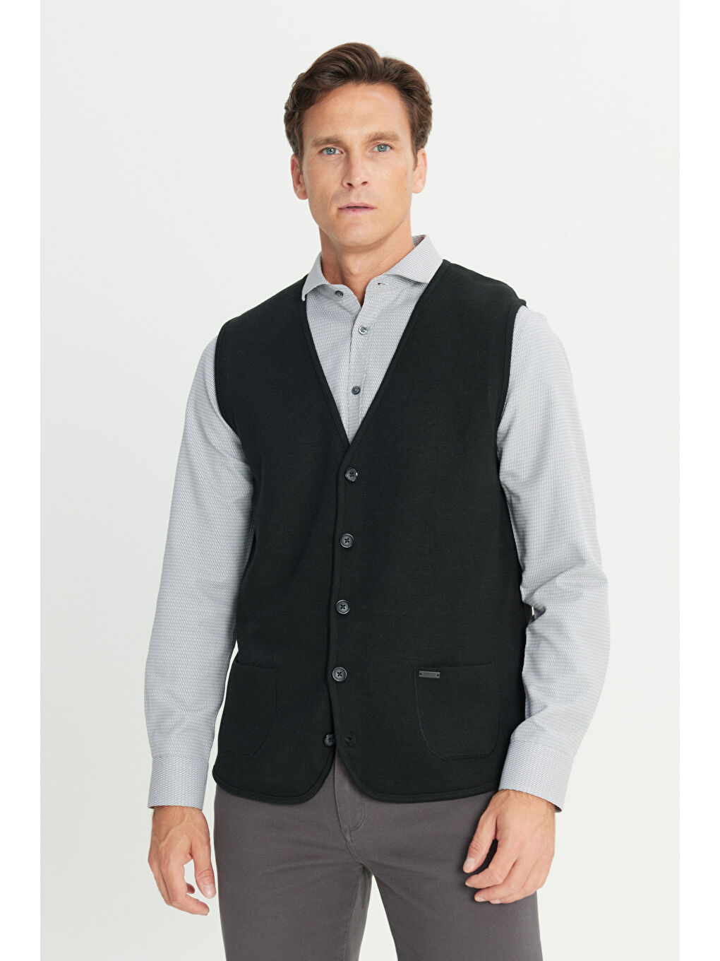 Erkek Siyah Sıcak Tutan Yün Standart Fit Normal Kesim V Yaka Cepli Triko Yelek