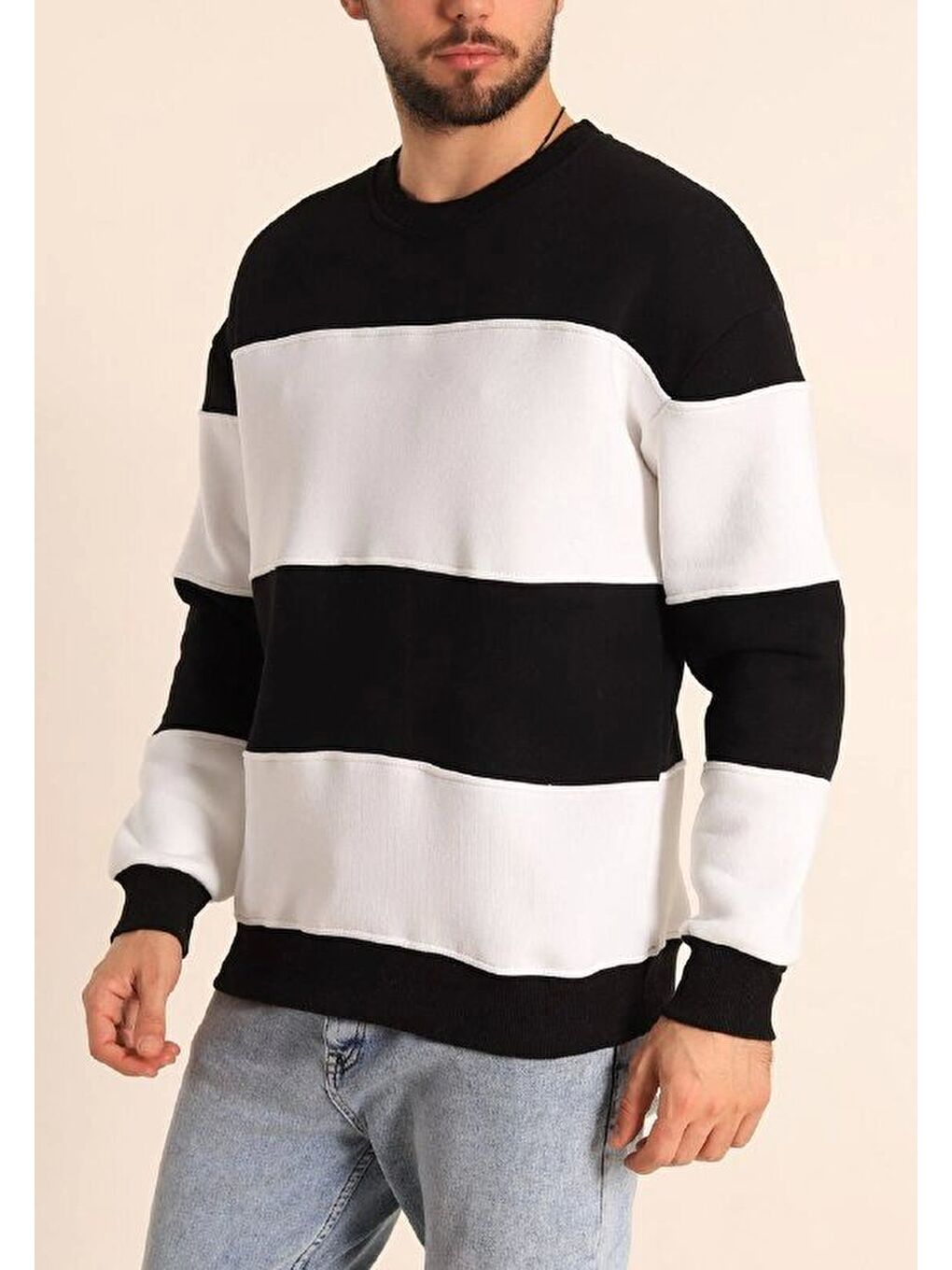 Parçalı Bisiklet Yaka Baskılı Sweatshirt - Siyah