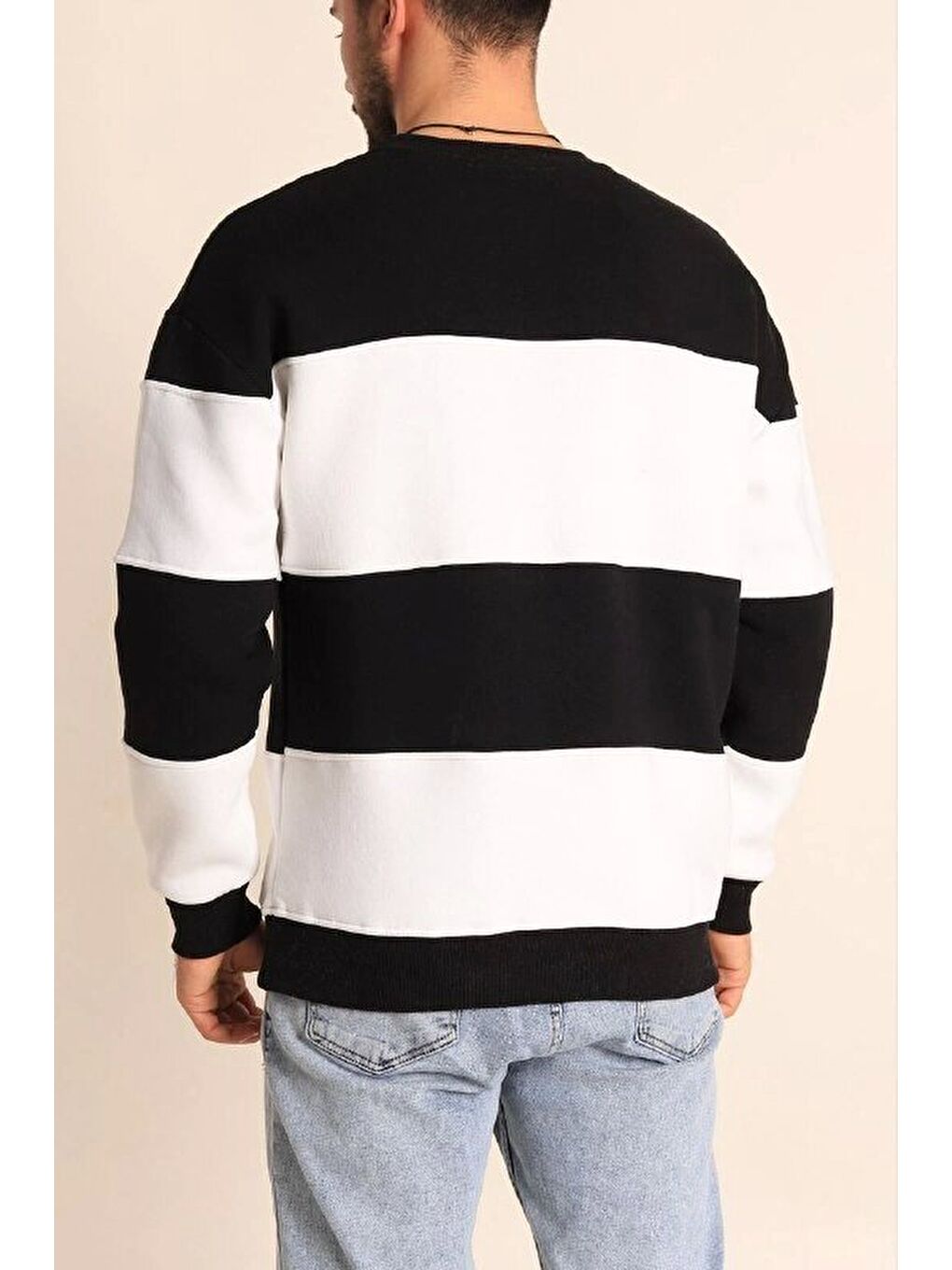 Parçalı Bisiklet Yaka Baskılı Sweatshirt - Siyah-1