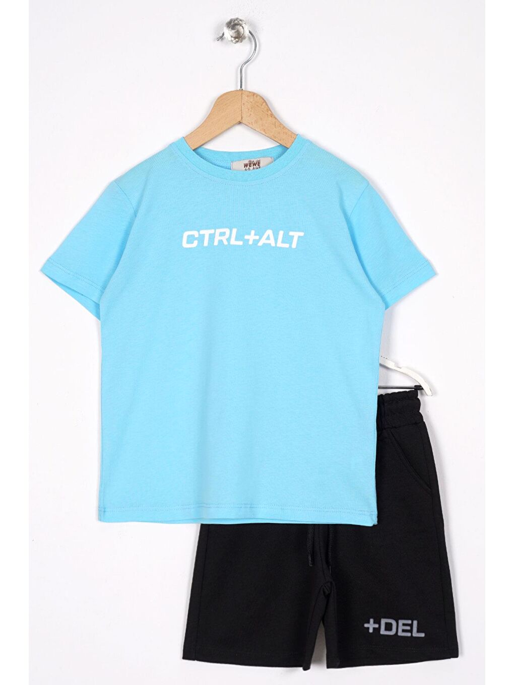 Mavi Bisiklet Yaka Yazı Baskılı Cep Detaylı Erkek Çocuk Şortlu Takım