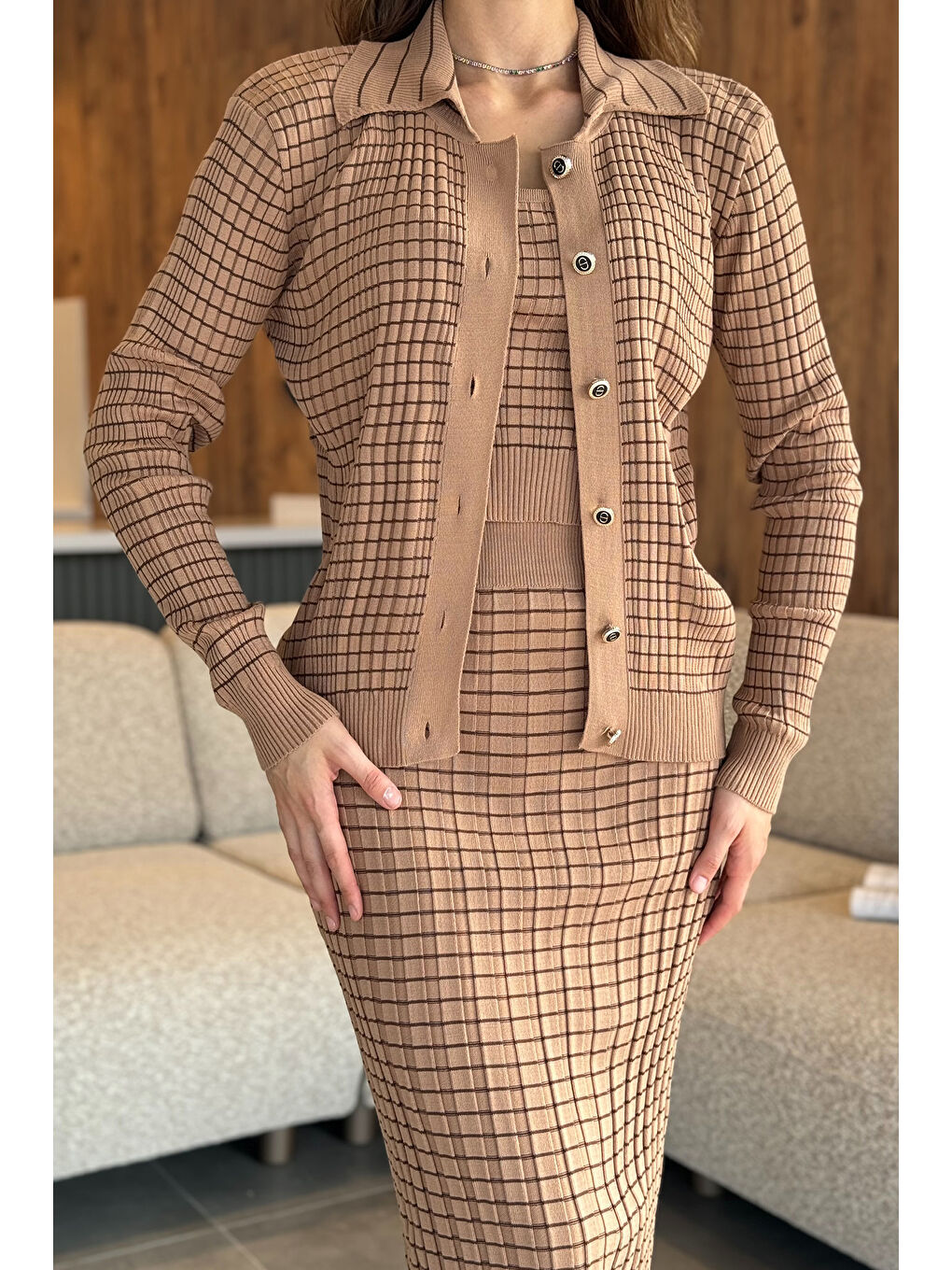 Ekru Kadın Çizgili Crop Bluz Kazak Etek Triko Üçlü Takım-2