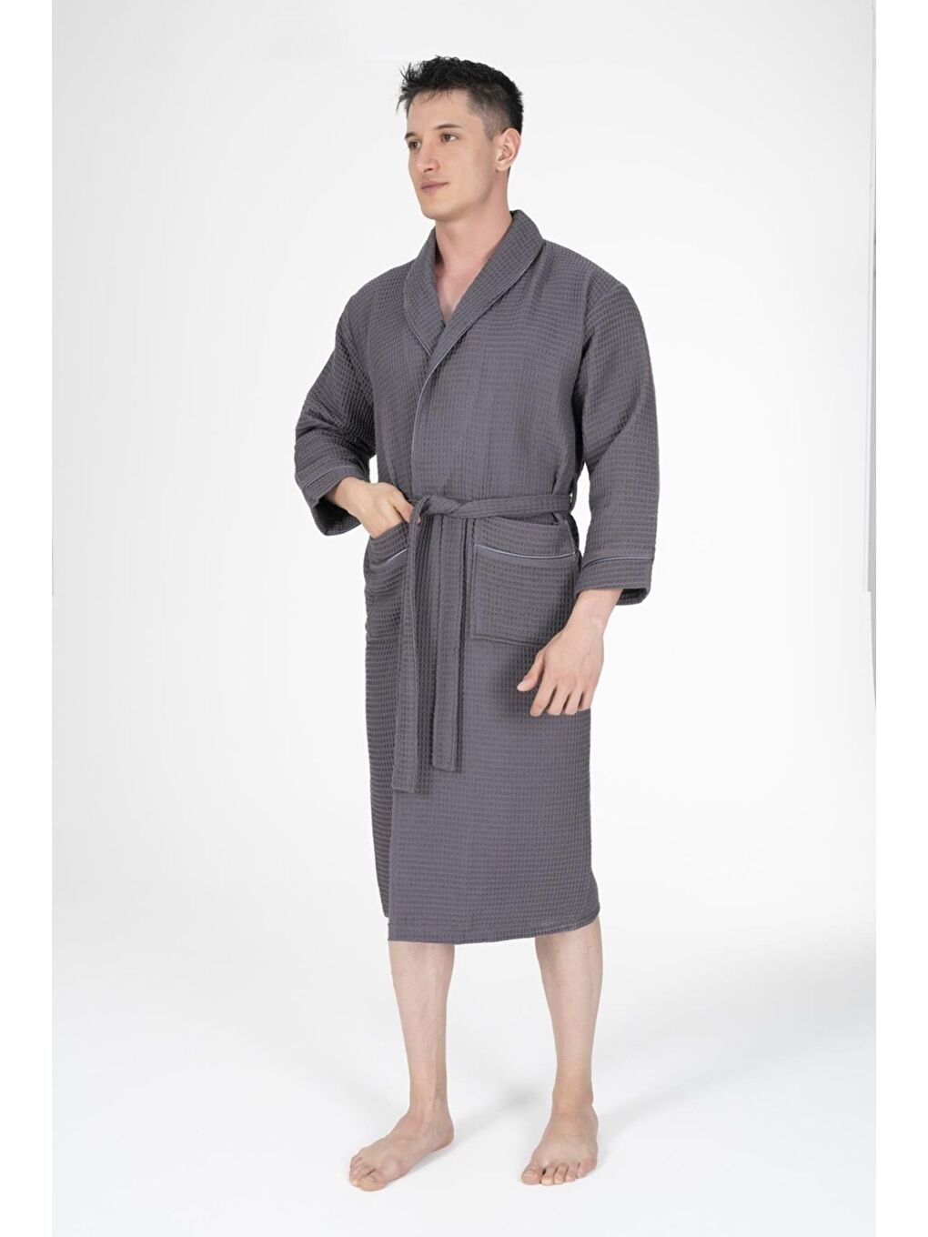 Kaos Serisi Şal Yaka Pike Bornoz Sabahlık Gri