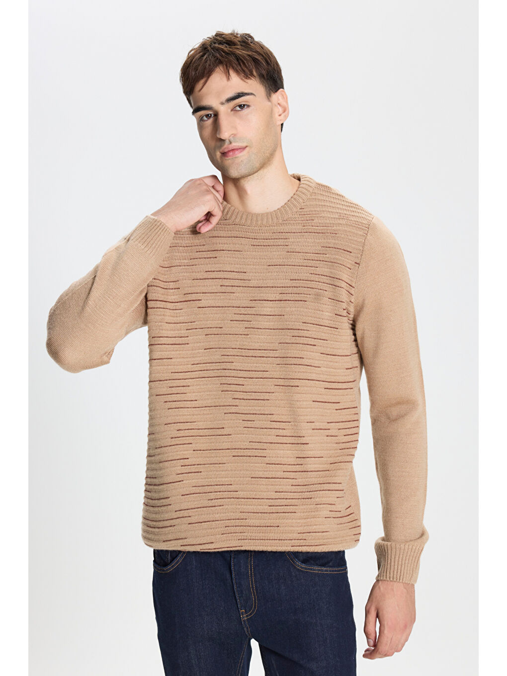 Erkek Bej-Kiremit Standart Fit Normal Kesim Bisiklet Yaka Desenli Triko Kazak-2