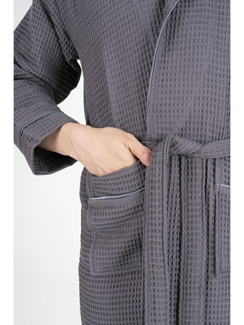 Kaos Serisi Şal Yaka Pike Bornoz Sabahlık Gri-2