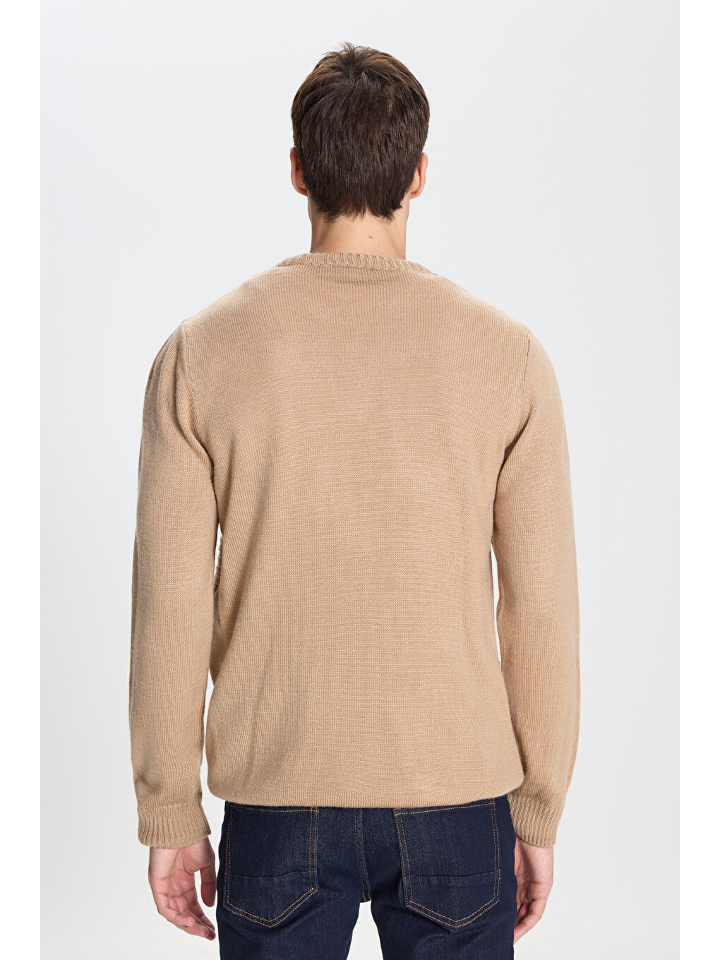 Erkek Bej-Kiremit Standart Fit Normal Kesim Bisiklet Yaka Desenli Triko Kazak-4