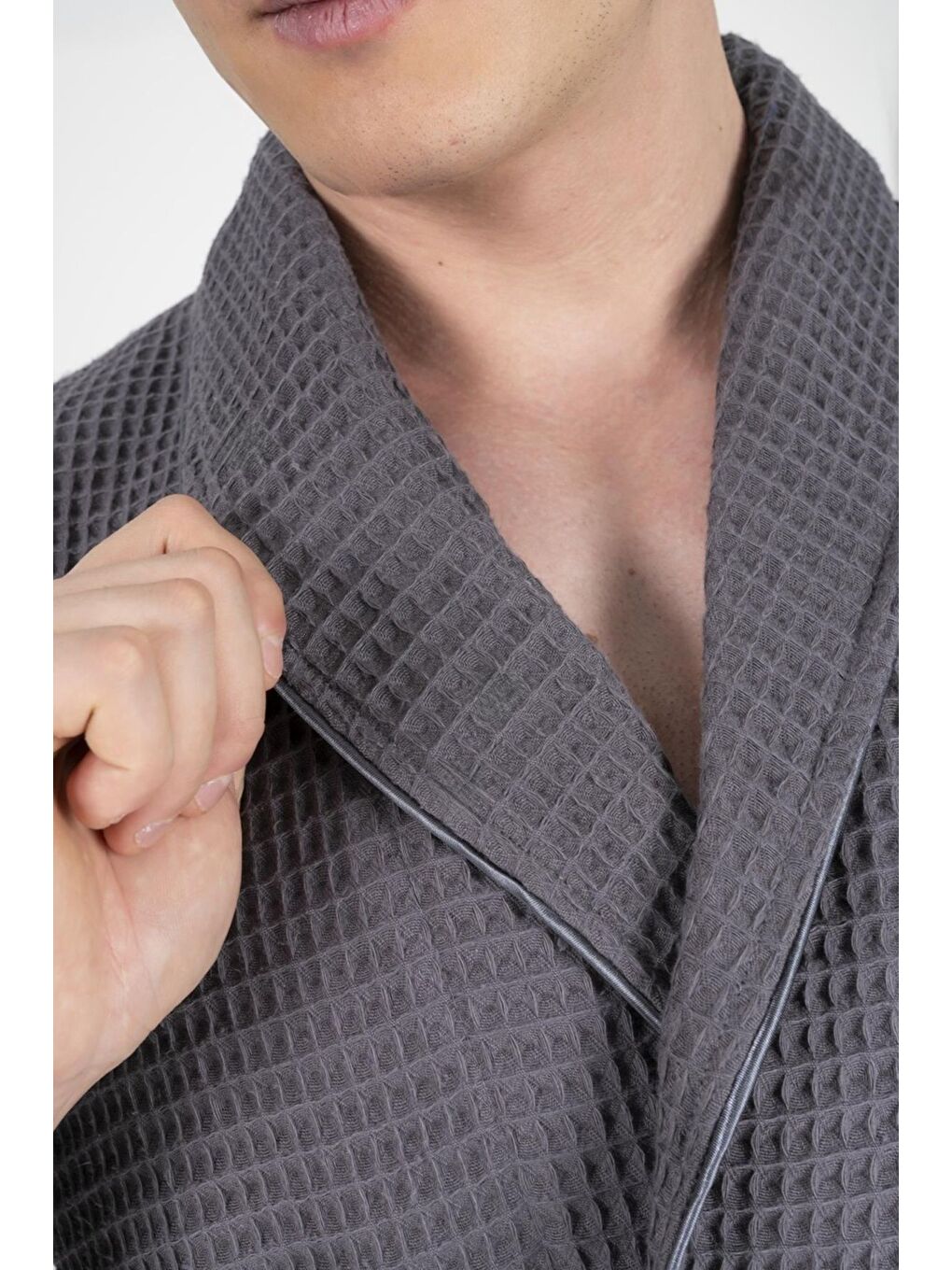 Kaos Serisi Şal Yaka Pike Bornoz Sabahlık Gri-3