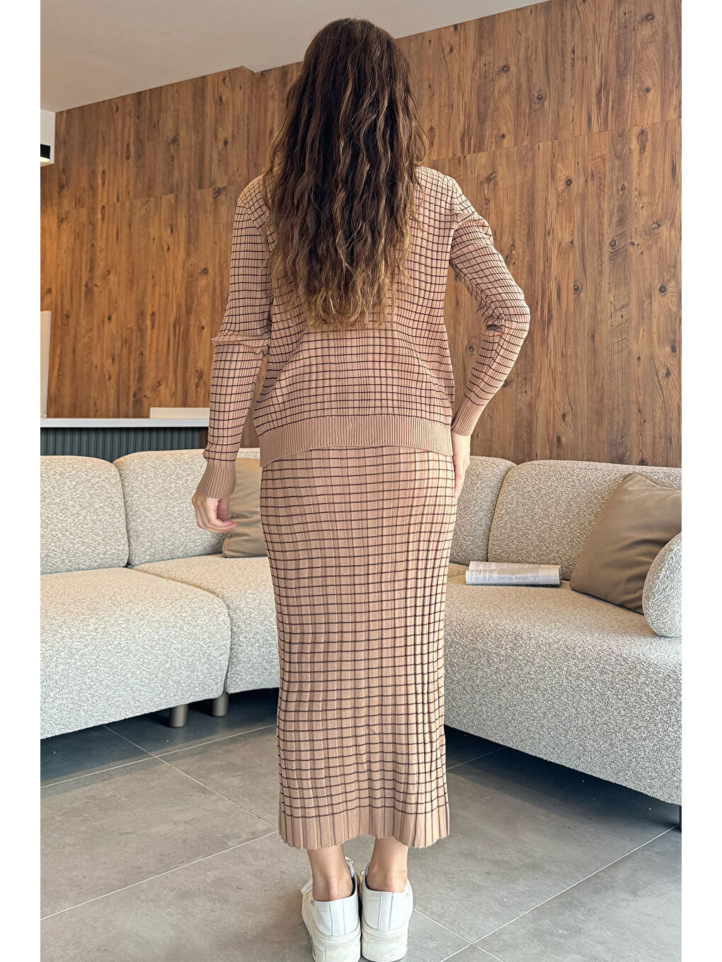 Ekru Kadın Çizgili Crop Bluz Kazak Etek Triko Üçlü Takım-3