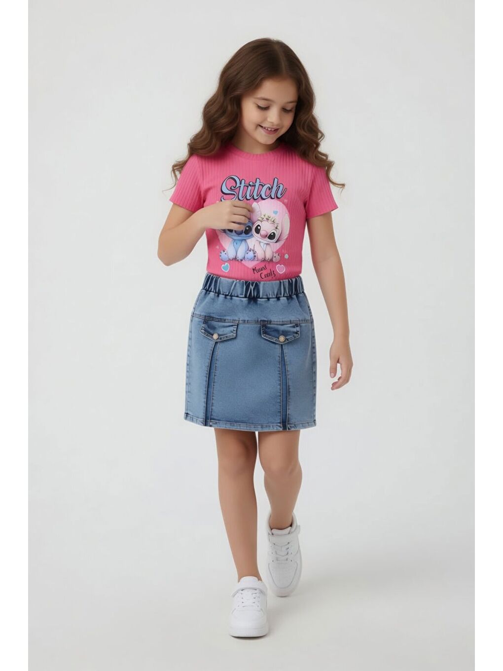 Pembe Kalpli Karakter Baskılı Badili Jean Etekli Kız Çocuk Takım 24097-2