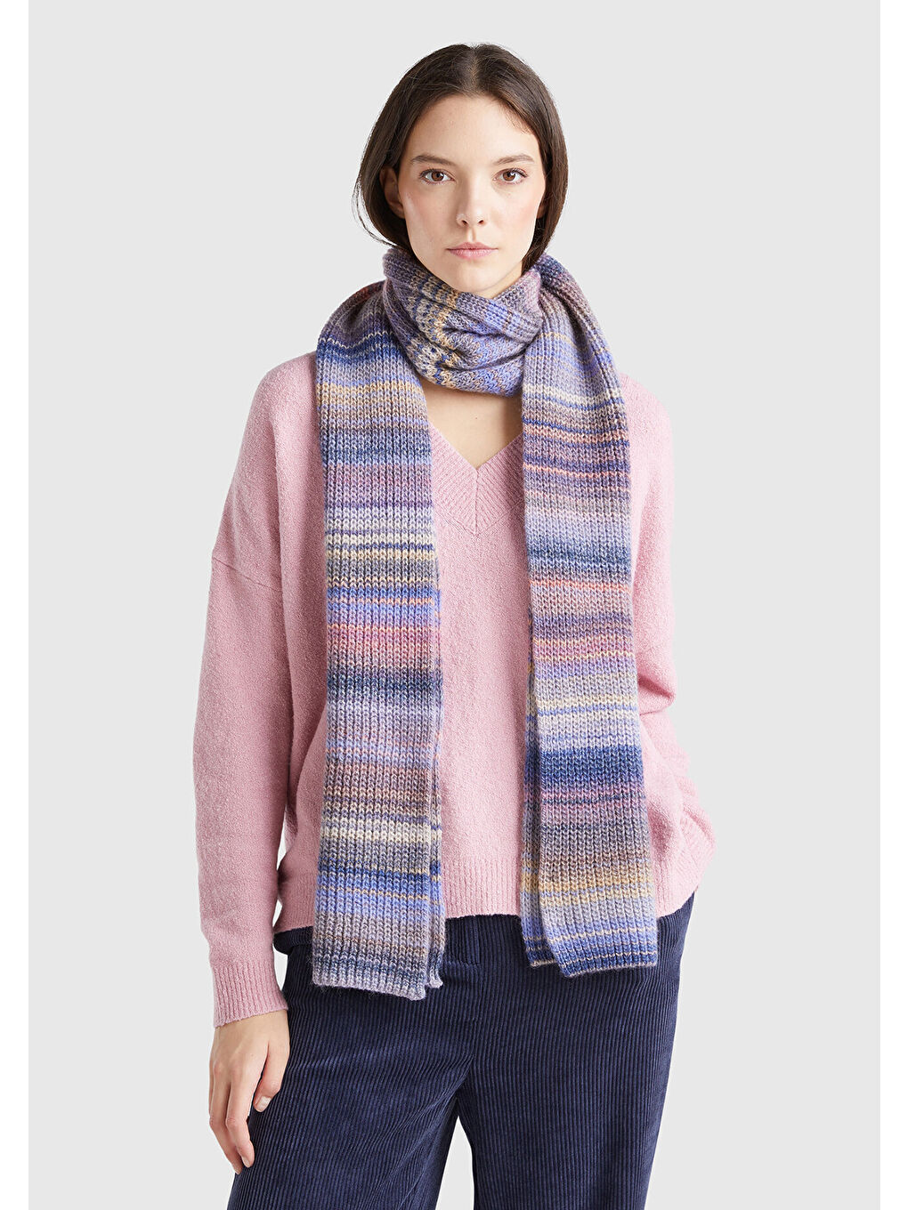Kadın Mavi Mix Yün Karışımlı Renkli Çizgili Atkı-2