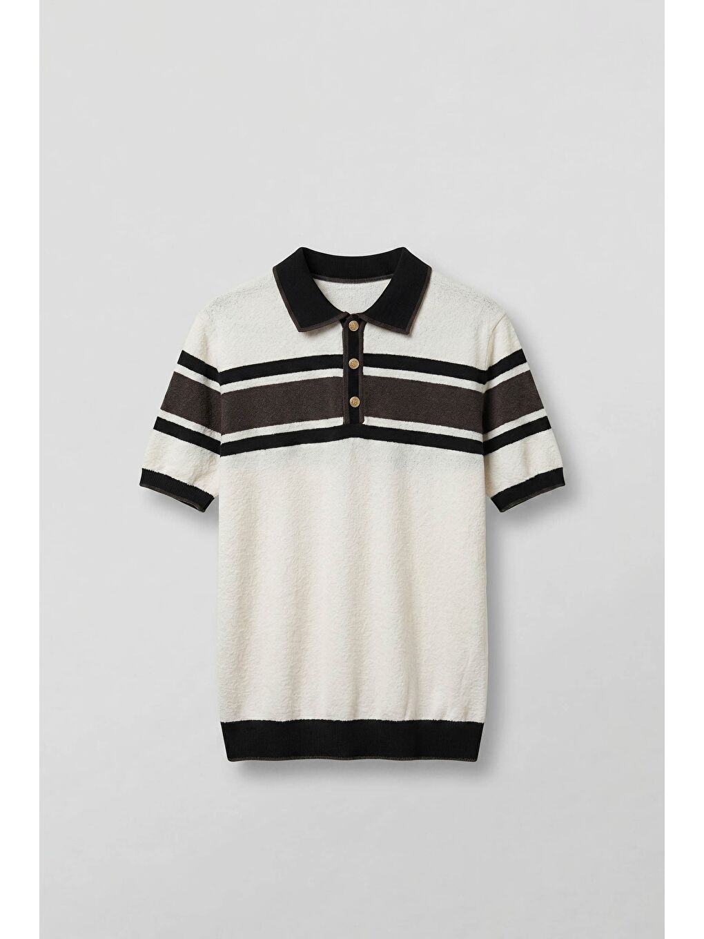 Lila Erkek Regular Fit Çizgili Havlu Triko Polo Yaka T-Shirt Ekru Kahverengi