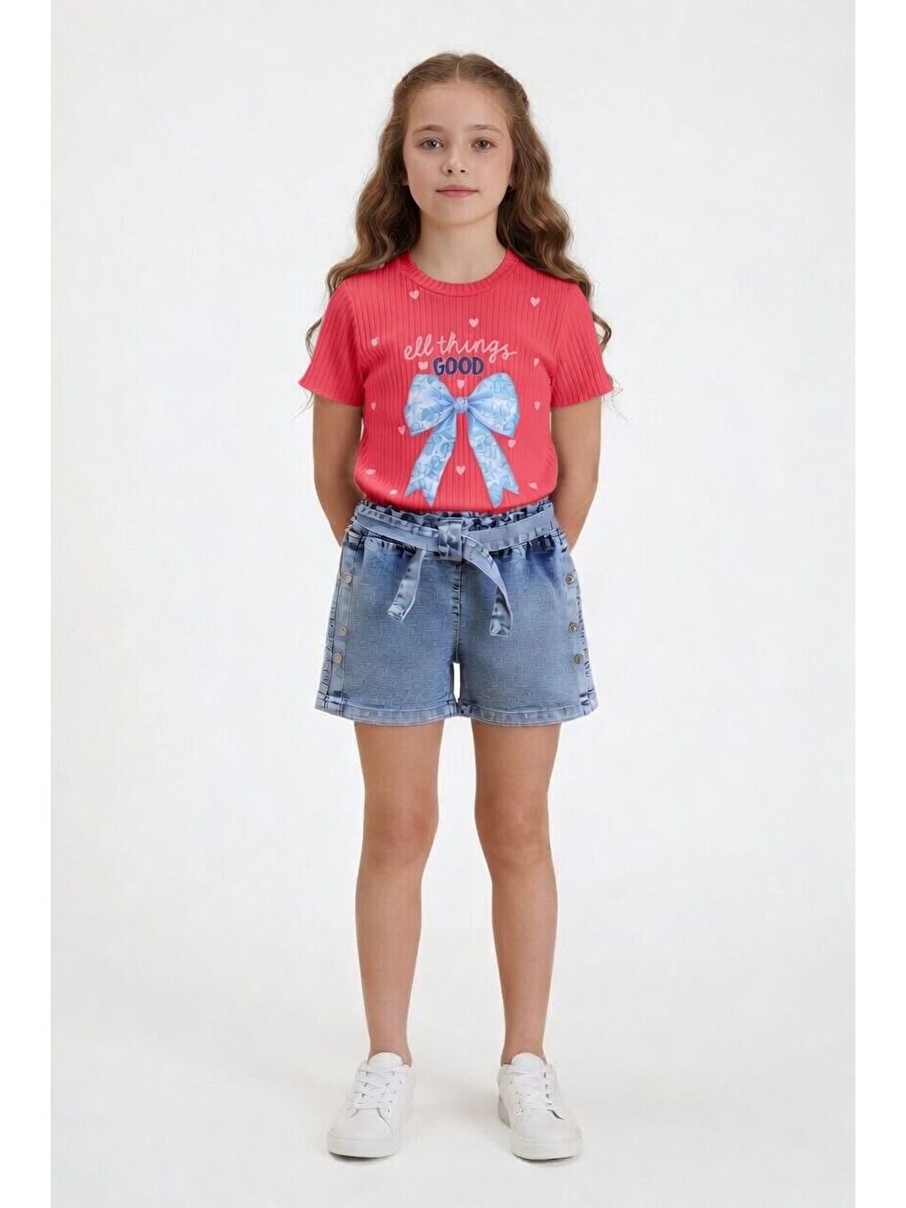Pembe Fiyonk Desenli Badili Kuşaklı Jean Şortlu Kız Çocuk Takım 24093-4