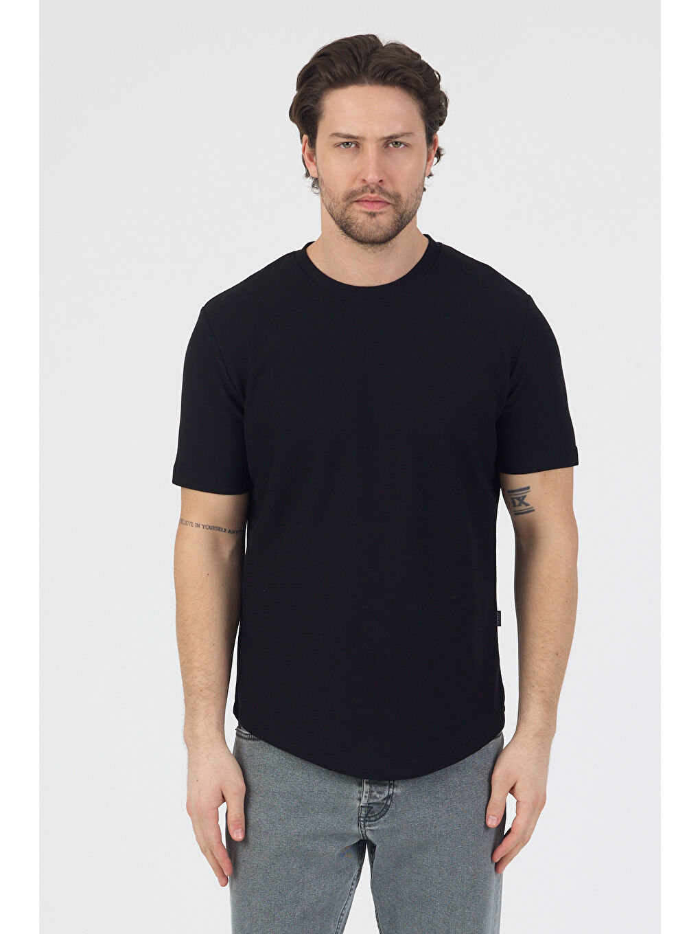 Erkek Pirinç Dokulu Örme Basic Tshirt Siyah