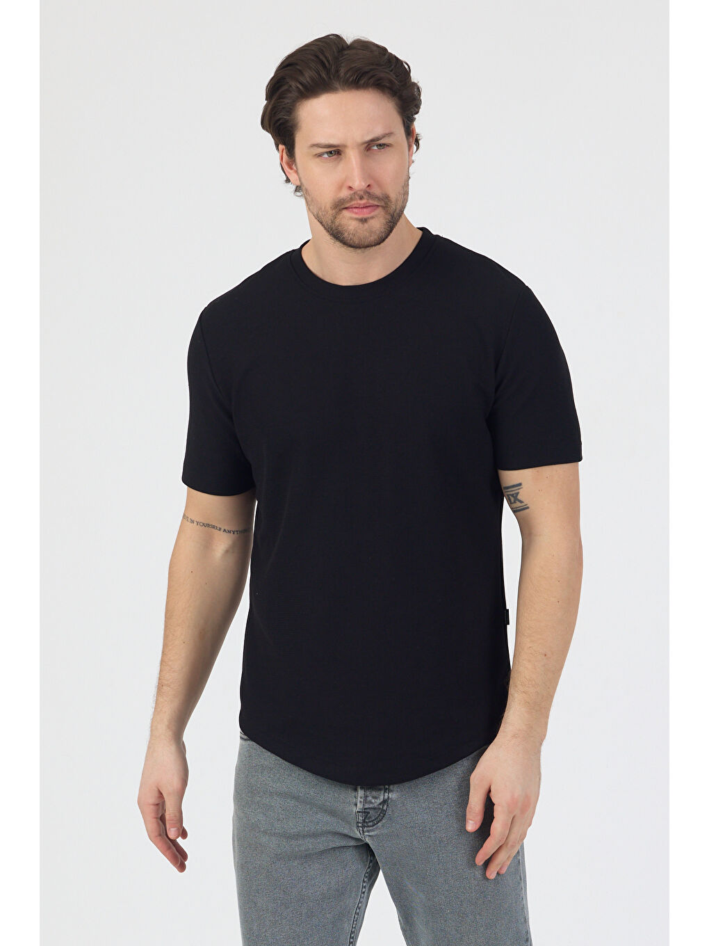 Erkek Pirinç Dokulu Örme Basic Tshirt Siyah-1