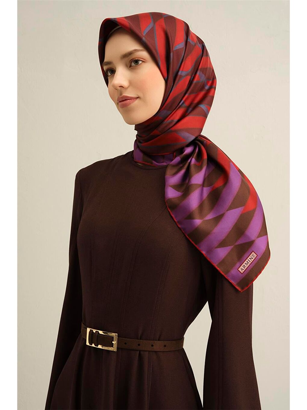 Bordo Geometrik Desenli Saf İpek Twill Eşarp 9325 83-1