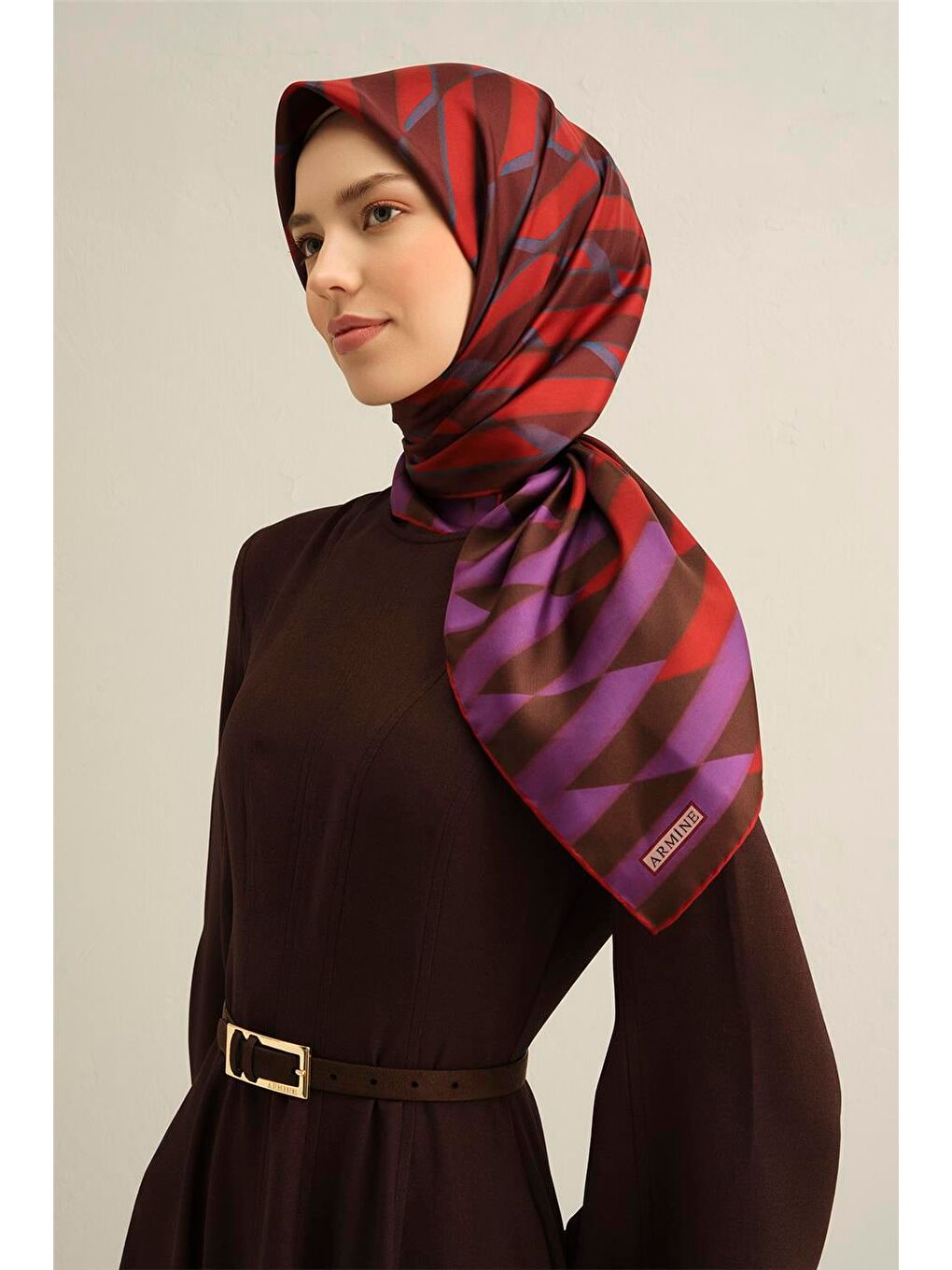 Bordo Geometrik Desenli Saf İpek Twill Eşarp 9325 83-2