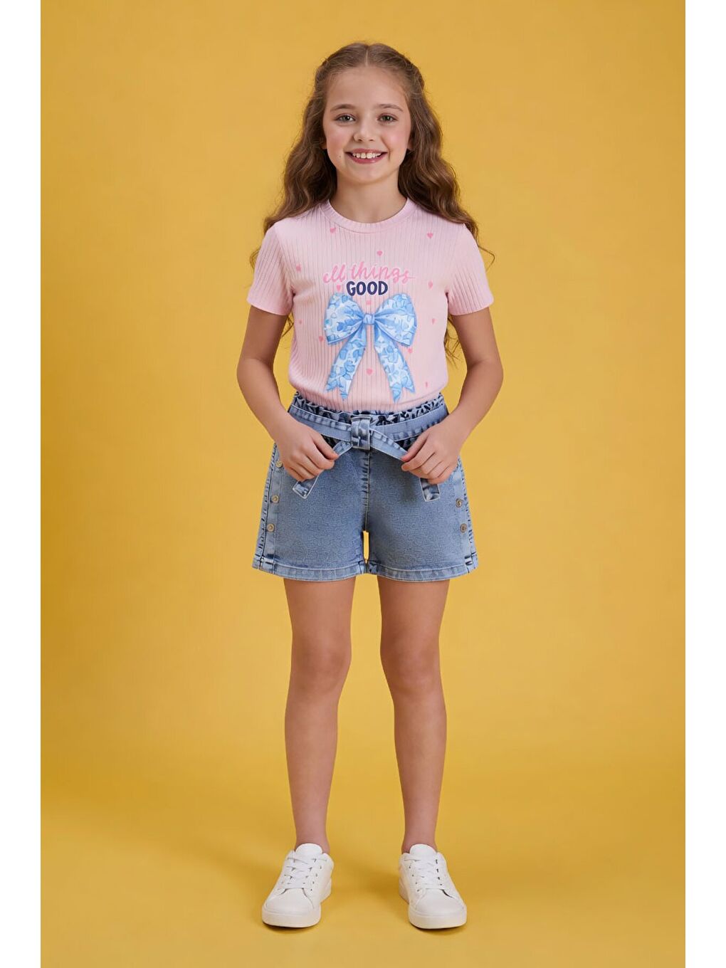 Pembe Pudra Fiyonk Desenli Badili Kuşaklı Jean Şortlu Kız Çocuk Takım 24096-1