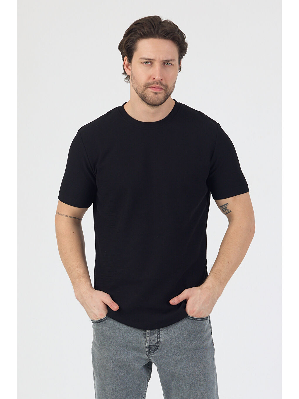Erkek Pirinç Dokulu Örme Basic Tshirt Siyah-3