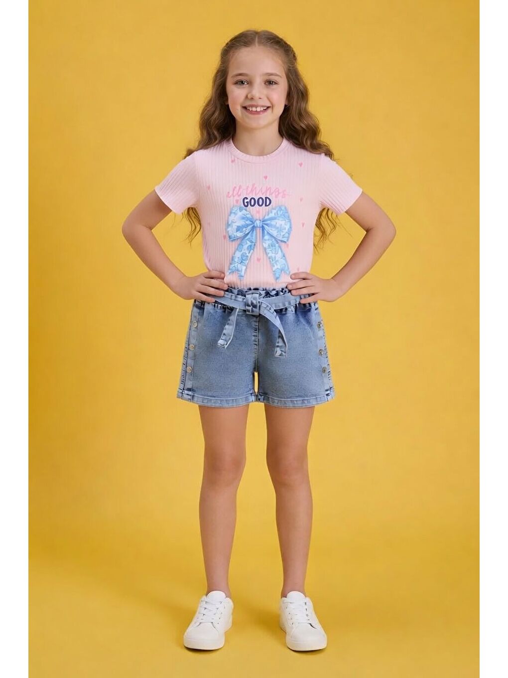 Pembe Pudra Fiyonk Desenli Badili Kuşaklı Jean Şortlu Kız Çocuk Takım 24096-2