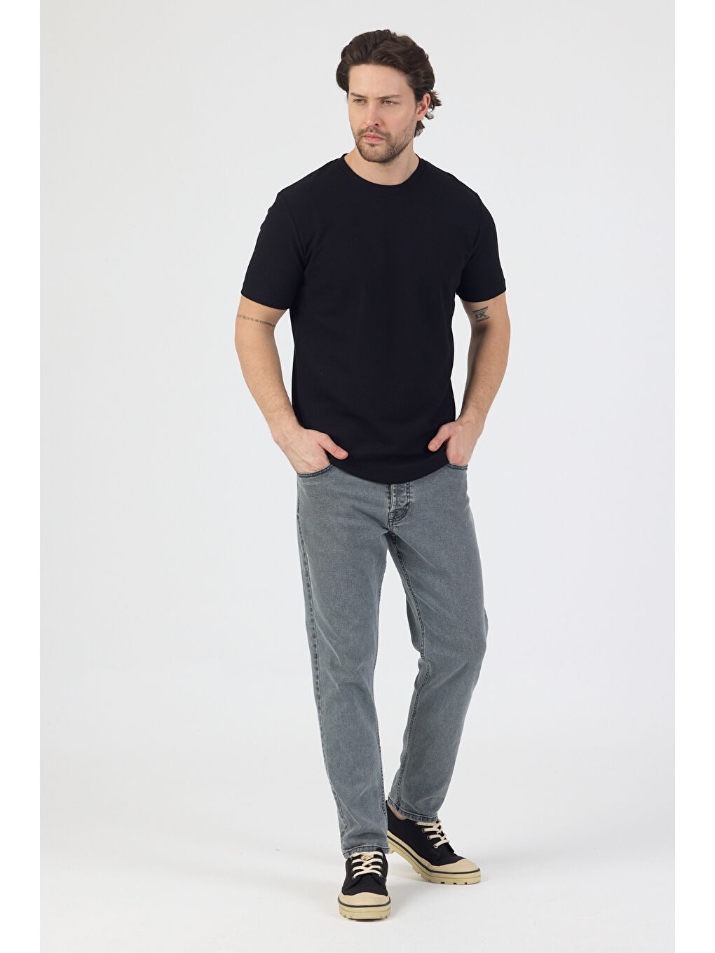 Erkek Pirinç Dokulu Örme Basic Tshirt Siyah-4