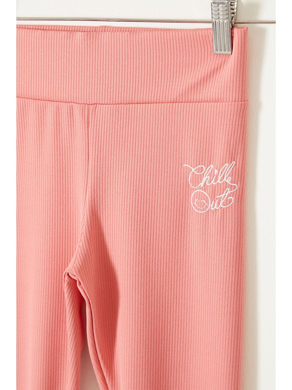 Yazı Nakışlı Kız Çocuk Yüksek Bel Fitilli 2'li Tayt Siyah-Somon-1