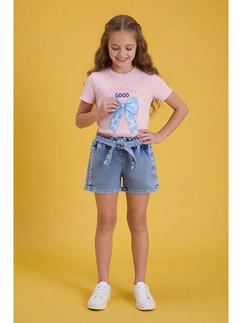 Pembe Pudra Fiyonk Desenli Badili Kuşaklı Jean Şortlu Kız Çocuk Takım 24096-3