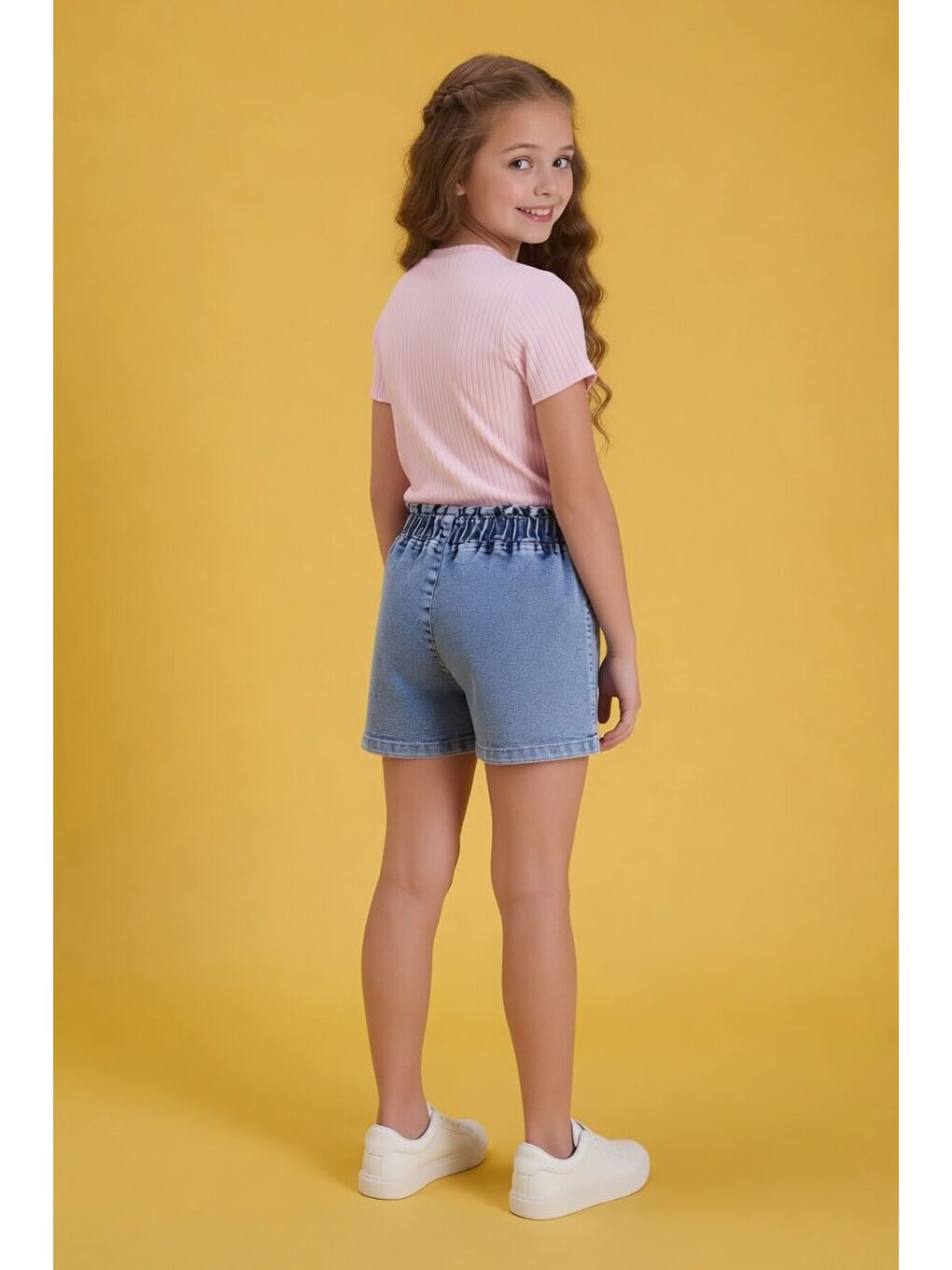 Pembe Pudra Fiyonk Desenli Badili Kuşaklı Jean Şortlu Kız Çocuk Takım 24096-4