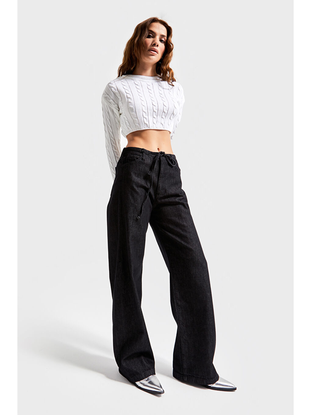 Siyah Kadın Su Yıkama İndigo Renk 7w451 Bağcıklı Straight Fit  100 Pamuk Denim-1