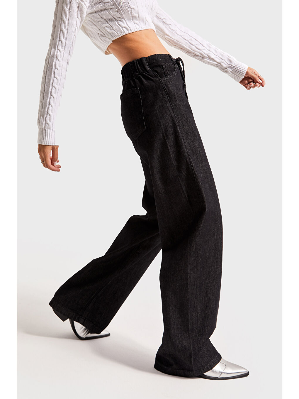 Siyah Kadın Su Yıkama İndigo Renk 7w451 Bağcıklı Straight Fit  100 Pamuk Denim-2