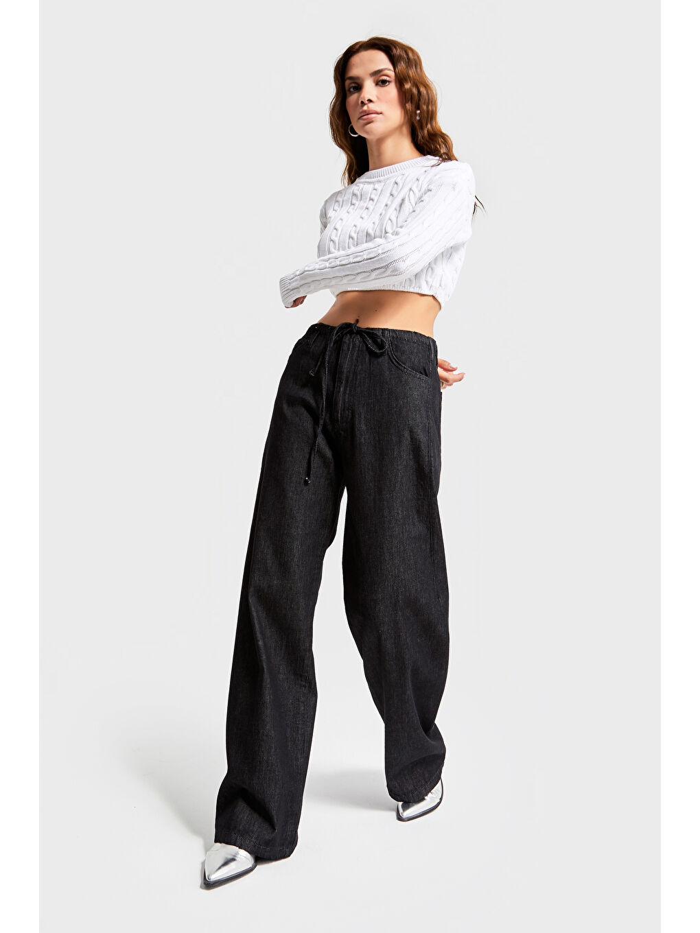 Siyah Kadın Su Yıkama İndigo Renk 7w451 Bağcıklı Straight Fit  100 Pamuk Denim-3