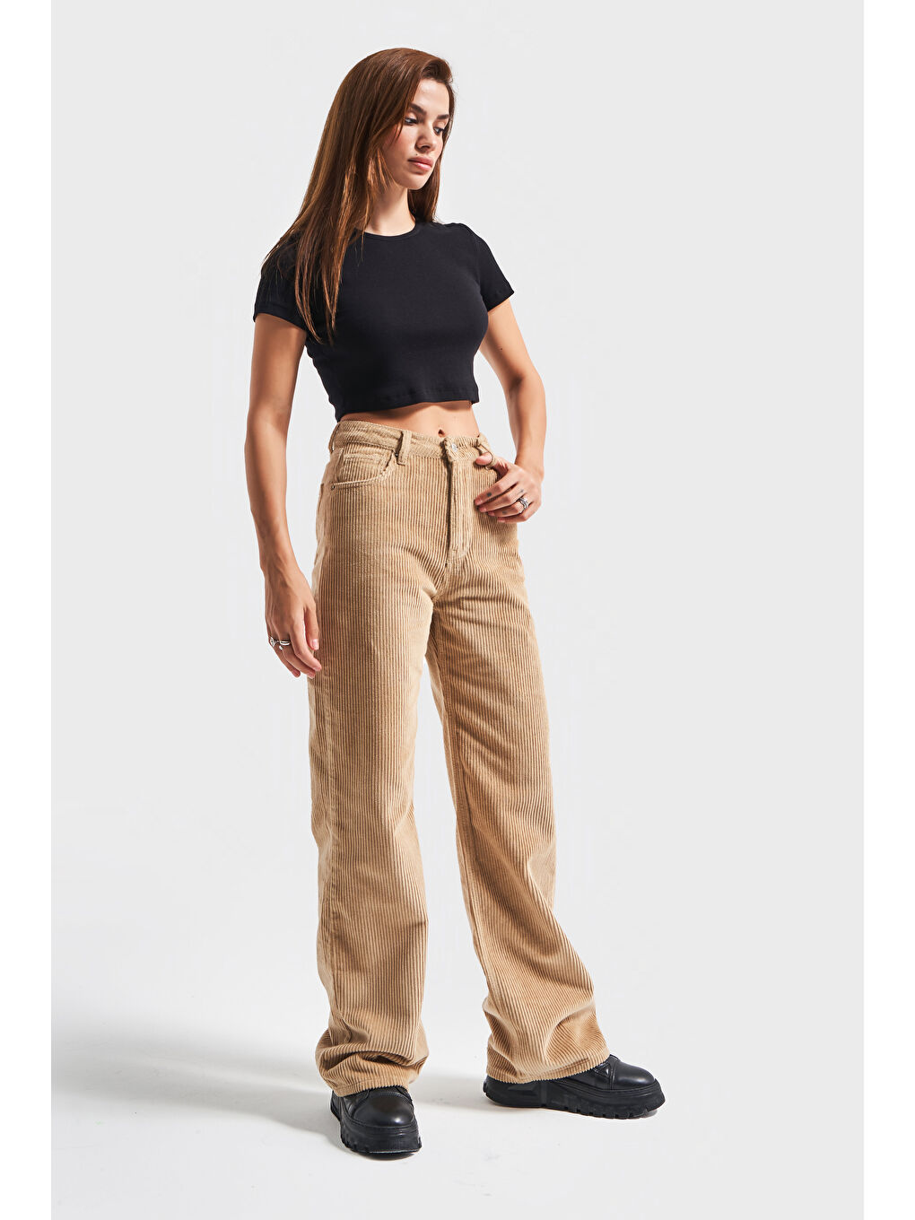 Kahverengi Kadın Sütlü Kahve Renk Doris 26w459 Kalın Fitilli Kadife Kumaş Pantolon-4