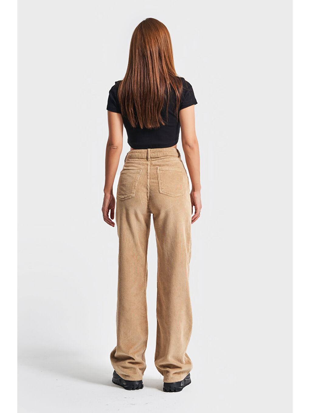 Kahverengi Kadın Sütlü Kahve Renk Doris 26w459 Kalın Fitilli Kadife Kumaş Pantolon-5