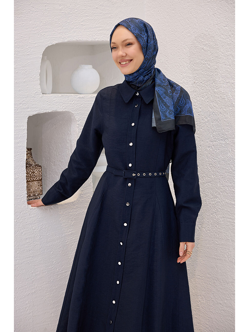 Kadın Dilimli Cupra Elbise Lacivert-1