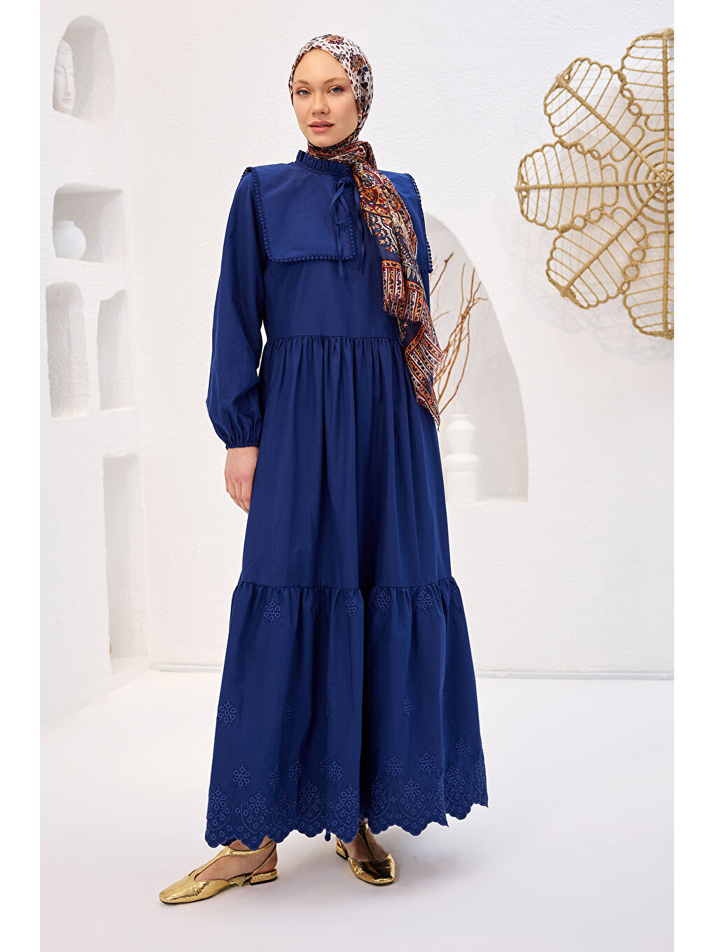 Kadın Gemici Yaka Brode Detaylı Elbise Lacivert-1