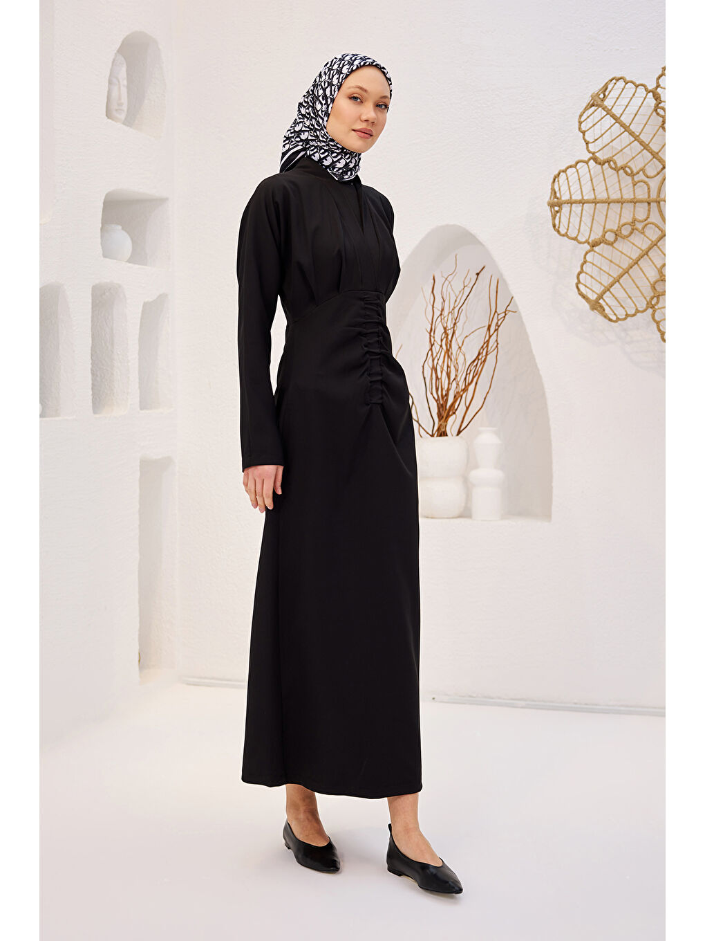 Kadın Önü Drapeli Krep Elbise  Siyah-1