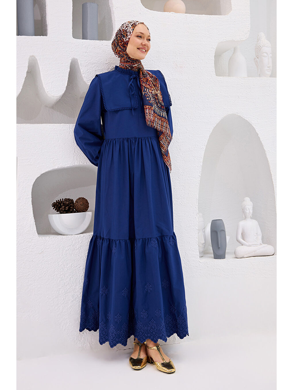 Kadın Gemici Yaka Brode Detaylı Elbise Lacivert-3