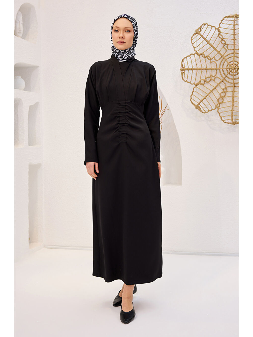 Kadın Önü Drapeli Krep Elbise  Siyah-2