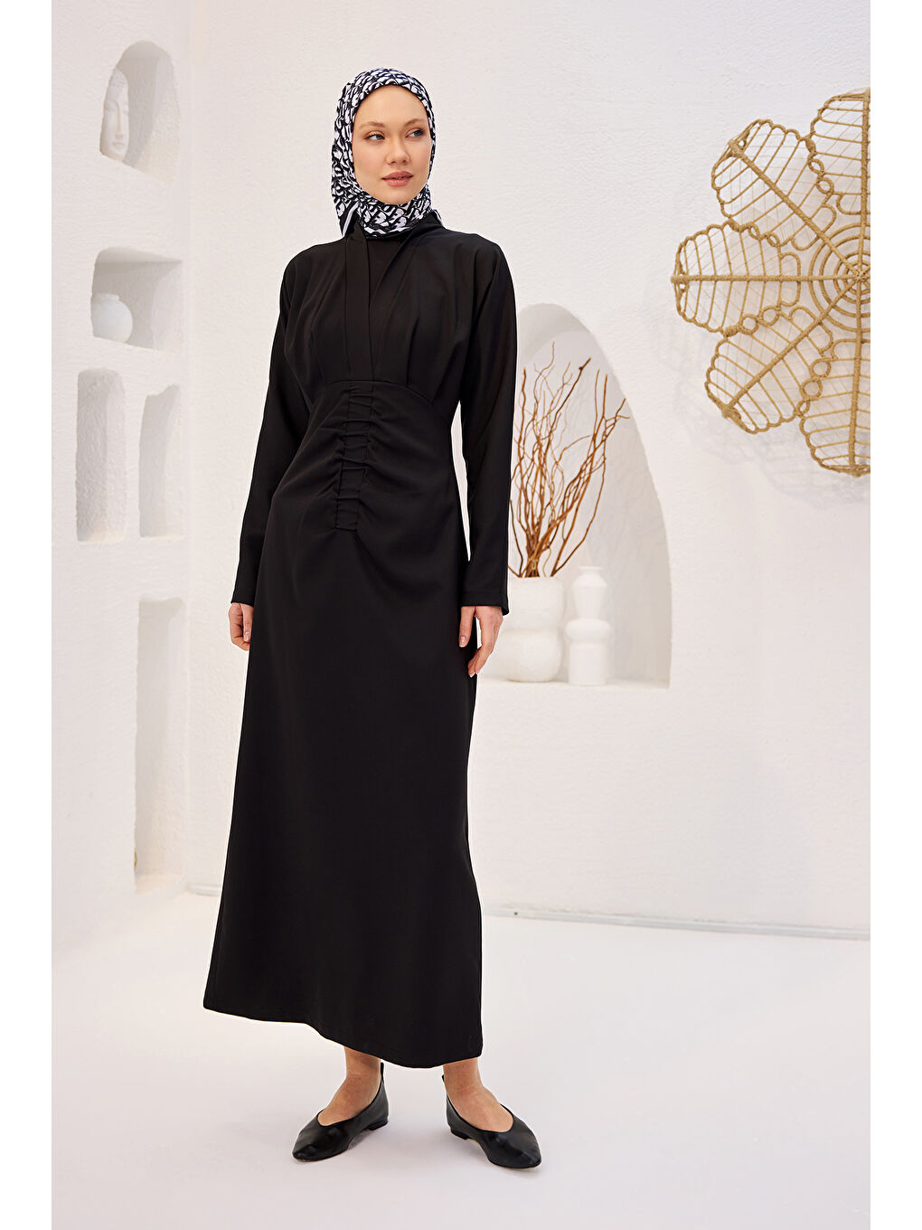 Kadın Önü Drapeli Krep Elbise  Siyah-3