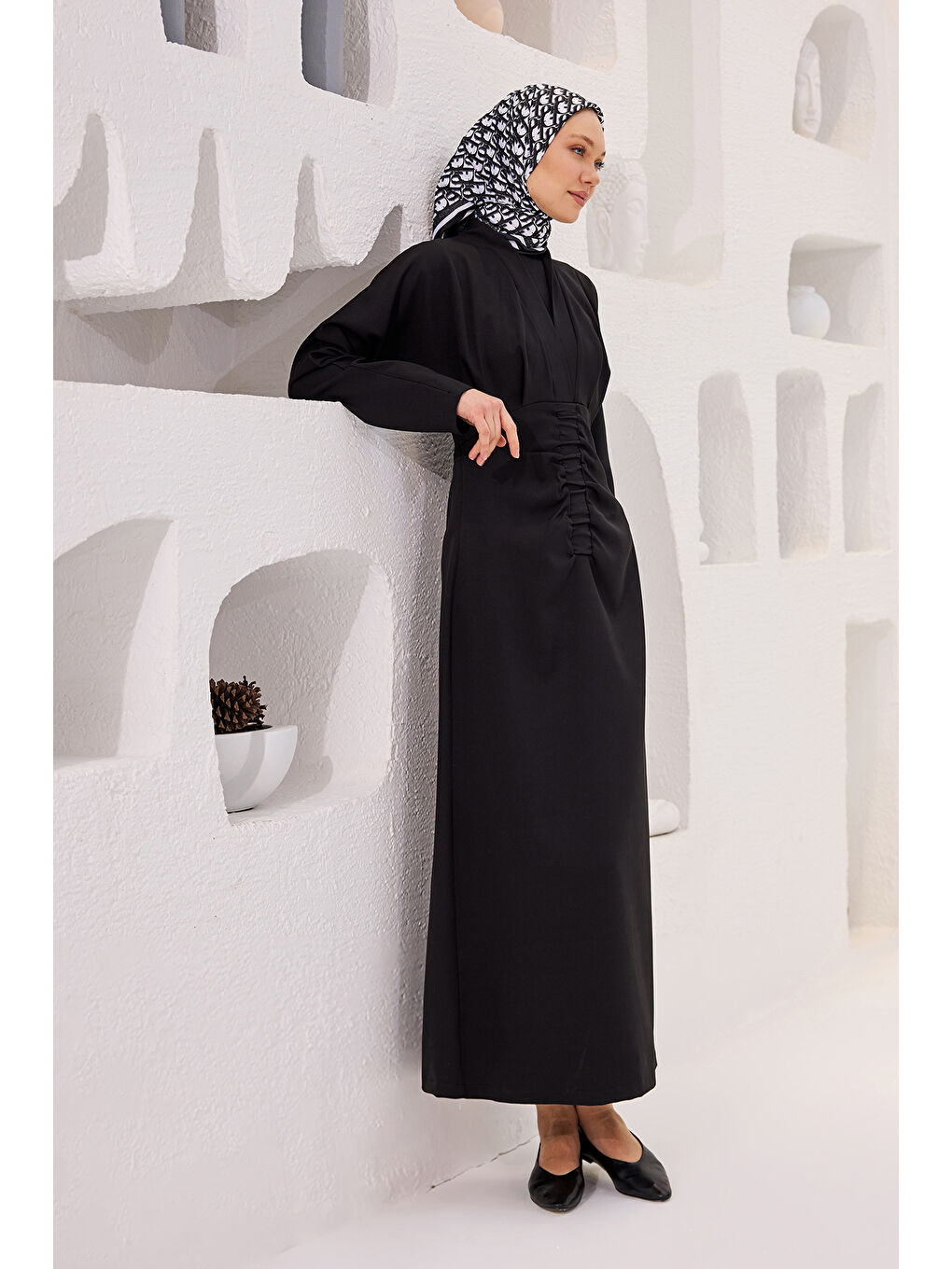 Kadın Önü Drapeli Krep Elbise  Siyah-4